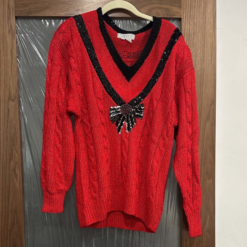 Red V-Neck Cable Knit Sweater with Black Sequin Trim
